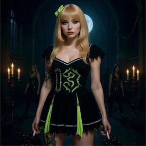 Trickz N Treatz Z‑O‑M‑B‑I‑E Cheerleader Costume – Distressed Pleated Raw Hem XS